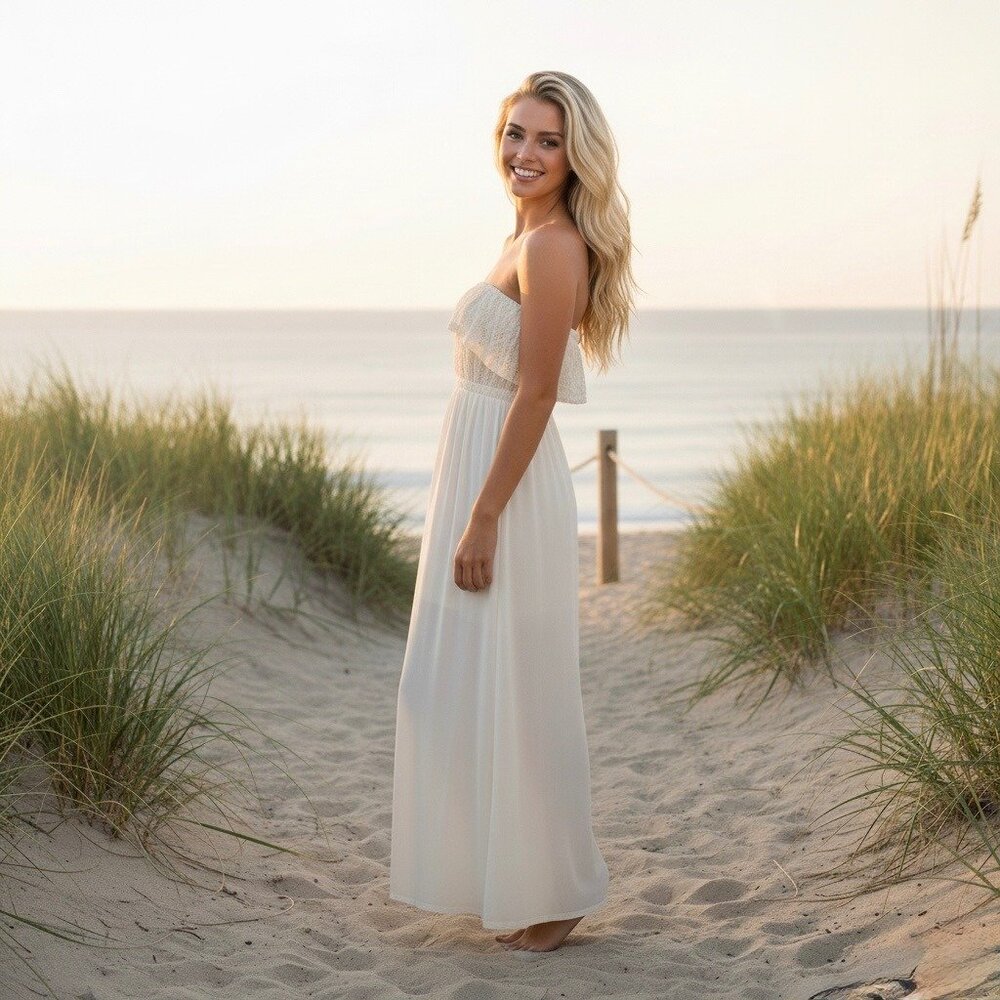 Vtg F21 Cream Lace Ruffle Hem Strapless Maxi Dress | Y2K Coquette Coastal Boho S - Picture 6 of 16